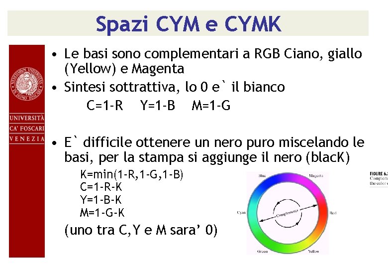 Spazi CYM e CYMK • Le basi sono complementari a RGB Ciano, giallo (Yellow)