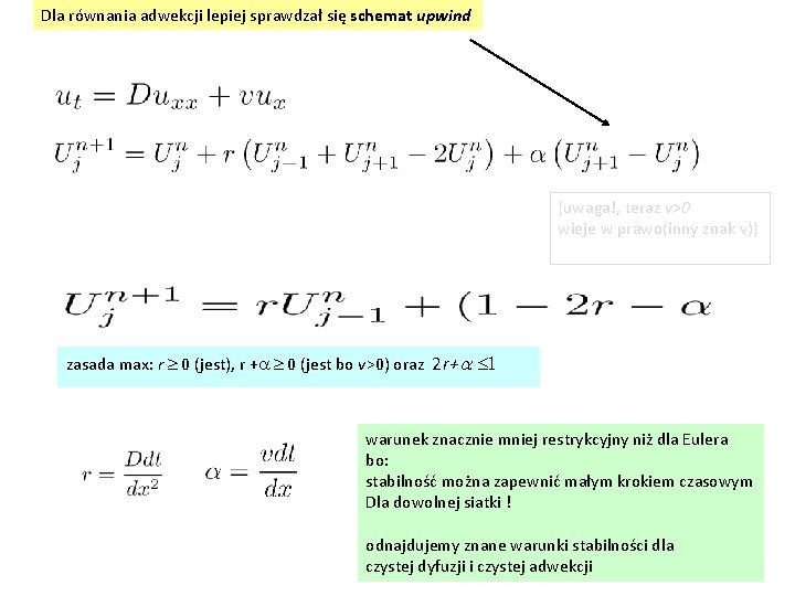 Dla równania adwekcji lepiej sprawdzał się schemat upwind [uwaga!, teraz v>0 wieje w prawo(inny