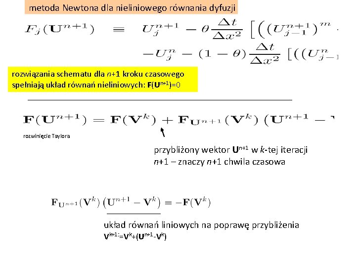 metoda Newtona dla nieliniowego równania dyfuzji rozwiązania schematu dla n+1 kroku czasowego spełniają układ