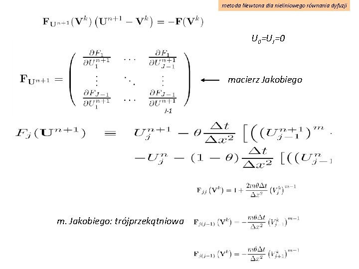 metoda Newtona dla nieliniowego równania dyfuzji U 0=UJ=0 macierz Jakobiego J-1 m. Jakobiego: trójprzekątniowa
