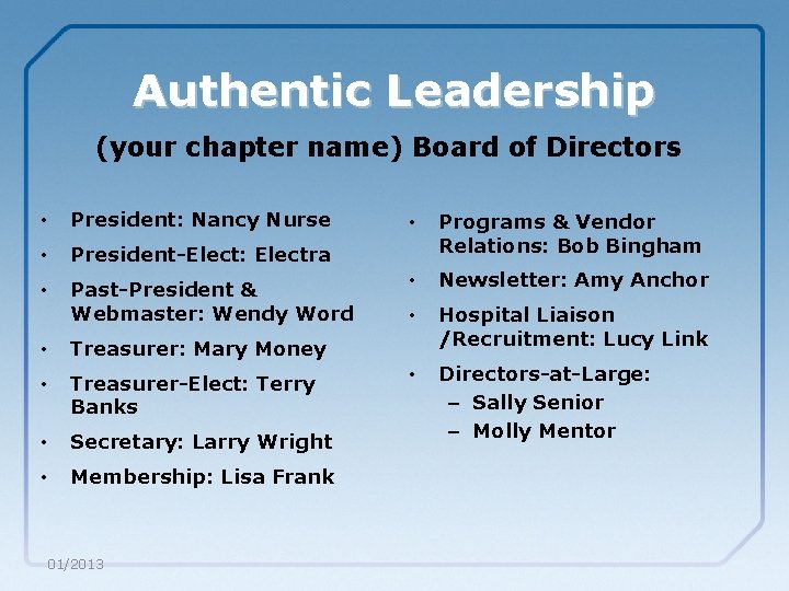 Authentic Leadership (your chapter name) Board of Directors • President: Nancy Nurse • President-Elect: