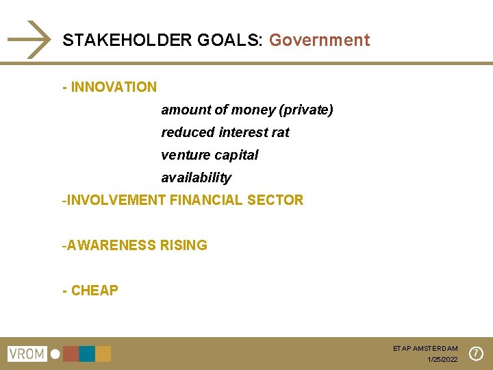 STAKEHOLDER GOALS: Government - INNOVATION amount of money (private) reduced interest rat venture capital