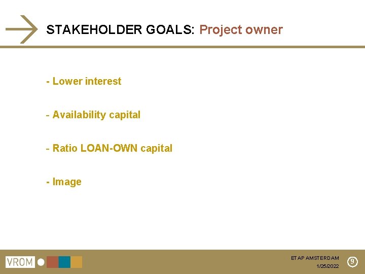 STAKEHOLDER GOALS: Project owner - Lower interest - Availability capital - Ratio LOAN-OWN capital