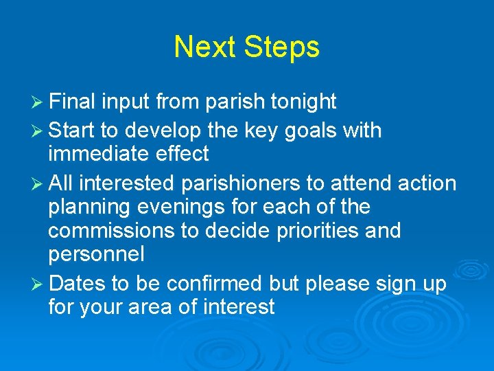 Next Steps Ø Final input from parish tonight Ø Start to develop the key