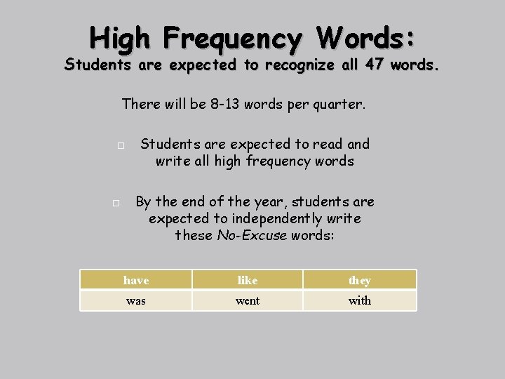 High Frequency Words: Students are expected to recognize all 47 words. There will be