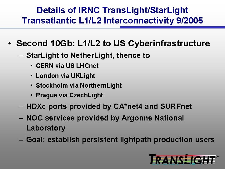 Details of IRNC Trans. Light/Star. Light Transatlantic L 1/L 2 Interconnectivity 9/2005 • Second