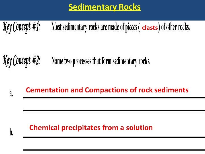Sedimentary Rocks clasts Cementation and Compactions of rock sediments Chemical precipitates from a solution