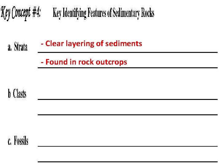 - Clear layering of sediments - Found in rock outcrops 
