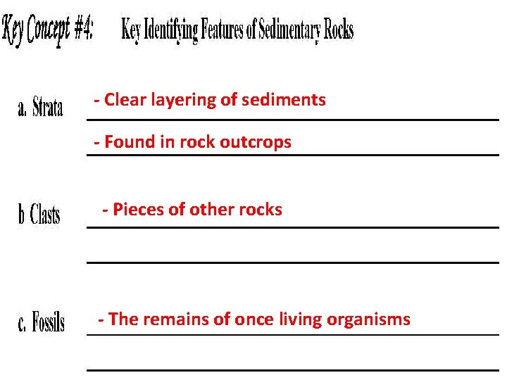 - Clear layering of sediments - Found in rock outcrops - Pieces of other