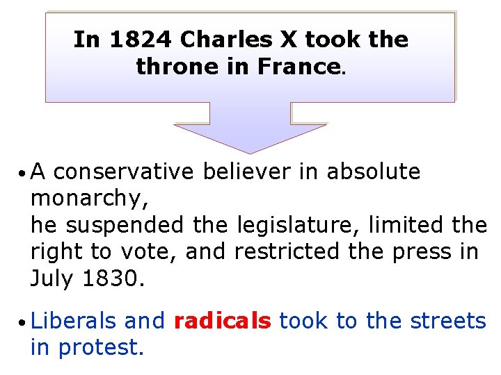 In 1824 Charles X took the throne in France. • A conservative believer in