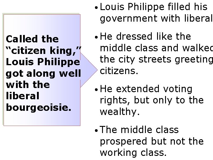  • Louis Philippe filled his government with liberals Called the “citizen king, ”