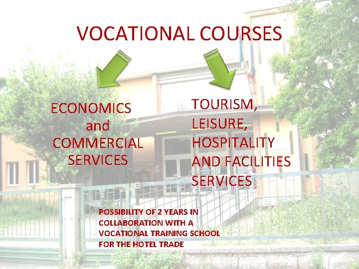 VOCATIONAL COURSES ECONOMICS and COMMERCIAL SERVICES TOURISM, LEISURE, HOSPITALITY AND FACILITIES SERVICES POSSIBILITY OF