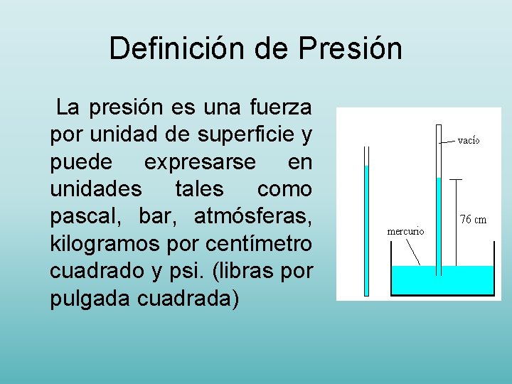 Definición de Presión La presión es una fuerza por unidad de superficie y puede