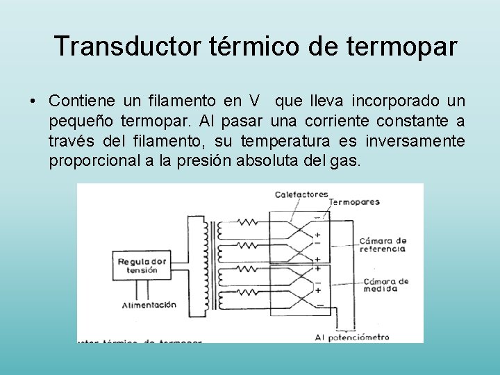 Transductor térmico de termopar • Contiene un filamento en V que lleva incorporado un