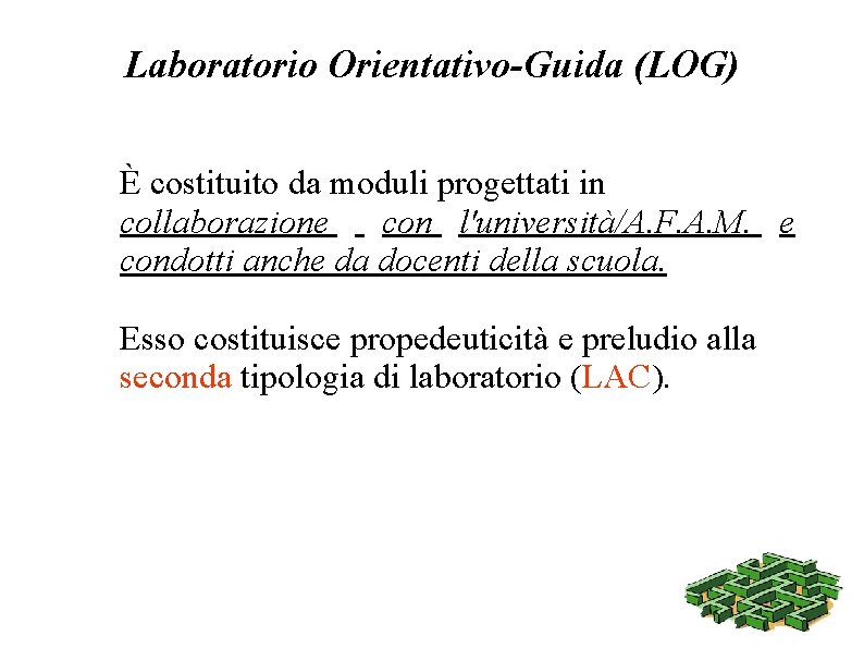Laboratorio Orientativo-Guida (LOG) È costituito da moduli progettati in collaborazione con l'università/A. F. A.