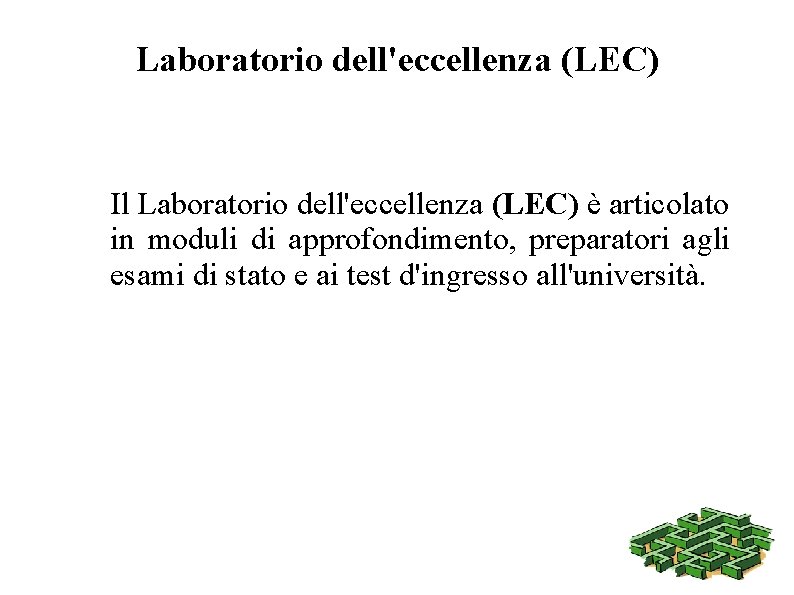 Laboratorio dell'eccellenza (LEC) Il Laboratorio dell'eccellenza (LEC) è articolato in moduli di approfondimento, preparatori