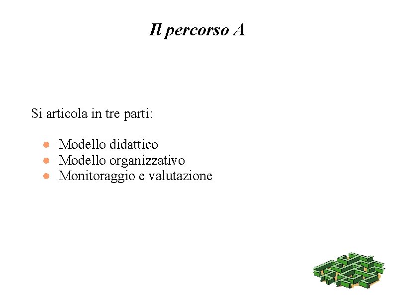 Il percorso A Si articola in tre parti: Modello didattico Modello organizzativo Monitoraggio e