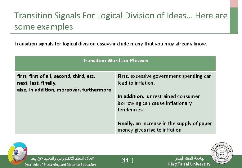 Transition Signals For Logical Division of Ideas… Here are some examples Transition signals for