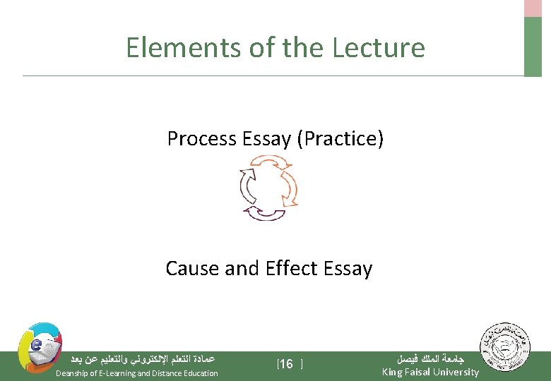 Elements of the Lecture Process Essay (Practice) Cause and Effect Essay ﻋﻤﺎﺩﺓ ﺍﻟﺘﻌﻠﻢ ﺍﻹﻟﻜﺘﺮﻭﻧﻲ