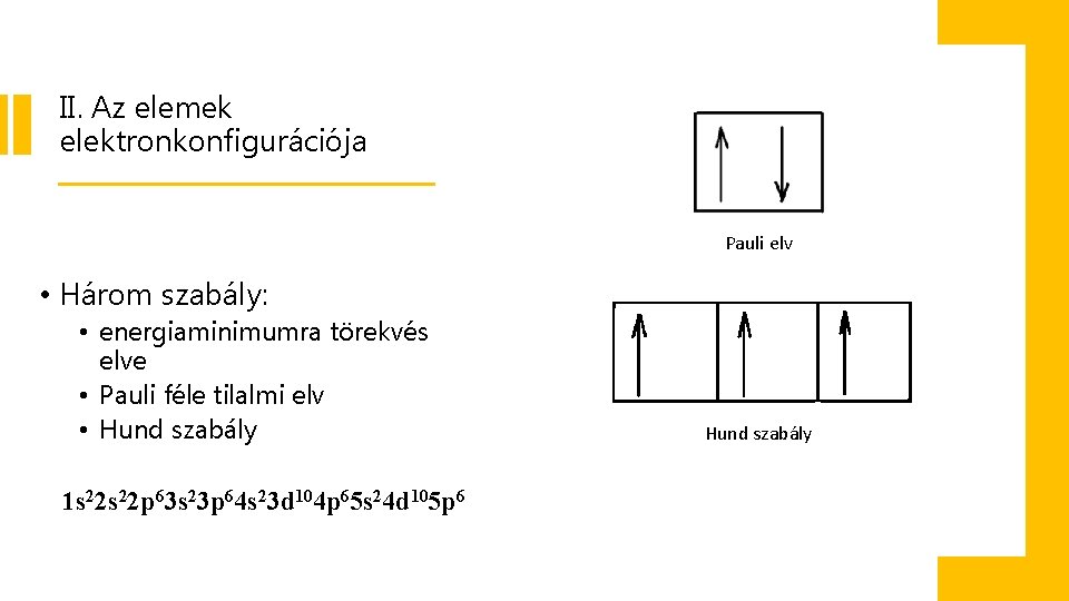 II. Az elemek elektronkonfigurációja Pauli elv • Három szabály: • energiaminimumra törekvés elve •