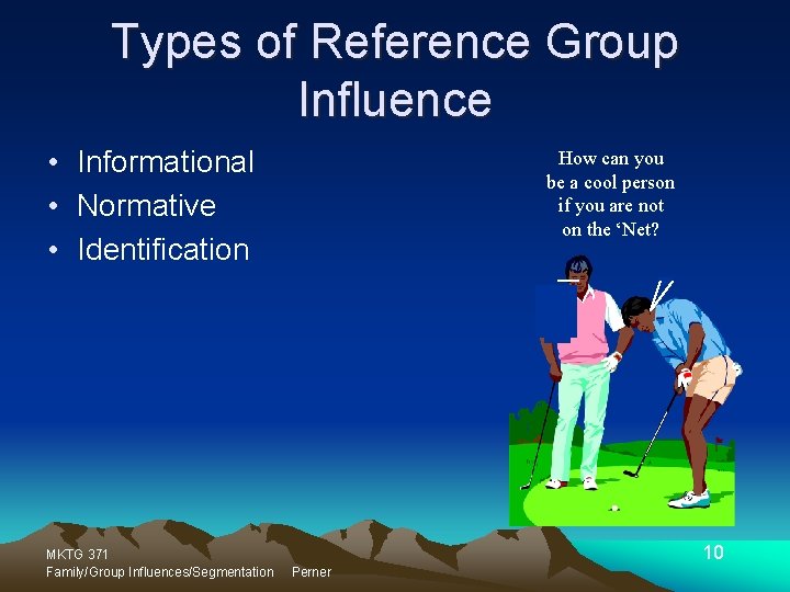 Types of Reference Group Influence • Informational • Normative • Identification MKTG 371 Family/Group