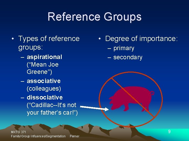 Reference Groups • Types of reference groups: – aspirational (“Mean Joe Greene”) – associative