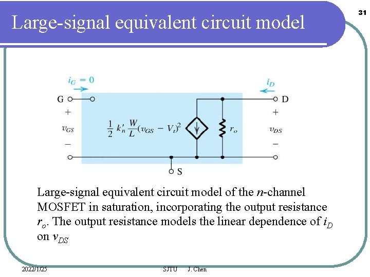 Large-signal equivalent circuit model of the n-channel MOSFET in saturation, incorporating the output resistance