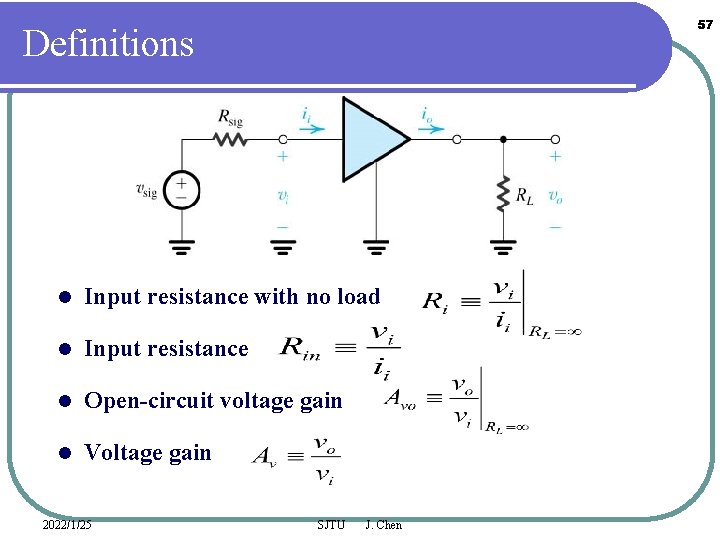 57 Definitions l Input resistance with no load l Input resistance l Open-circuit voltage