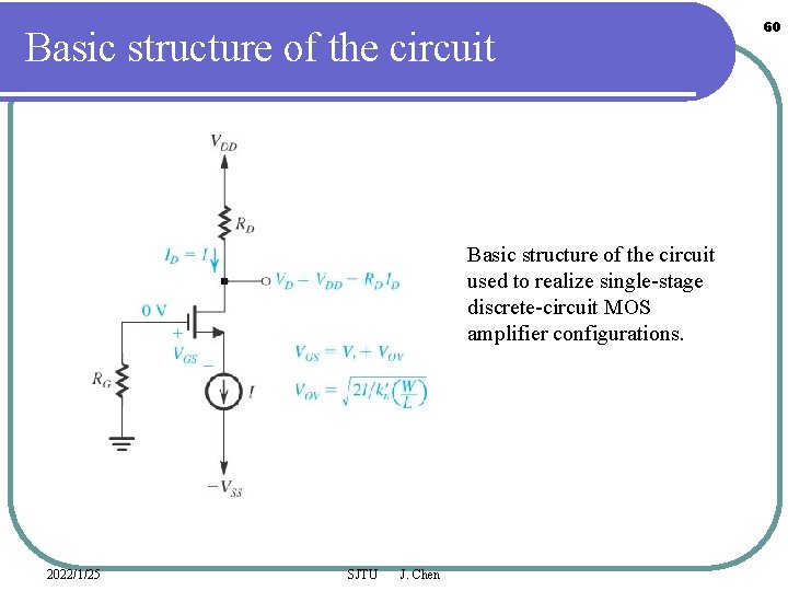 Basic structure of the circuit used to realize single-stage discrete-circuit MOS amplifier configurations. 2022/1/25