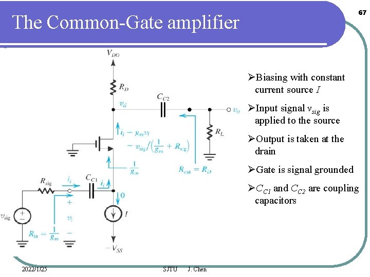 67 The Common-Gate amplifier ØBiasing with constant current source I ØInput signal vsig is