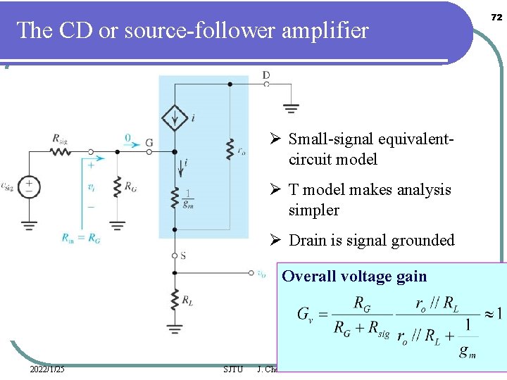 The CD or source-follower amplifier Ø Small-signal equivalentcircuit model Ø T model makes analysis