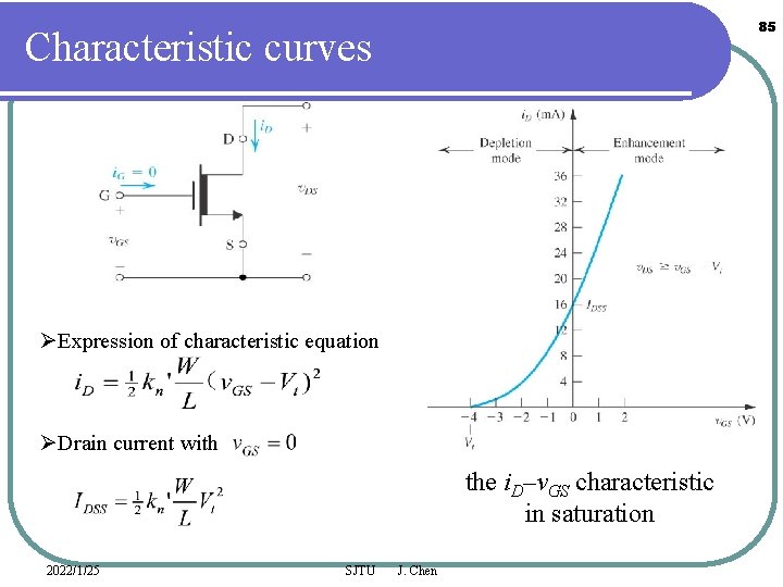 85 Characteristic curves ØExpression of characteristic equation ØDrain current with the i. D–v. GS