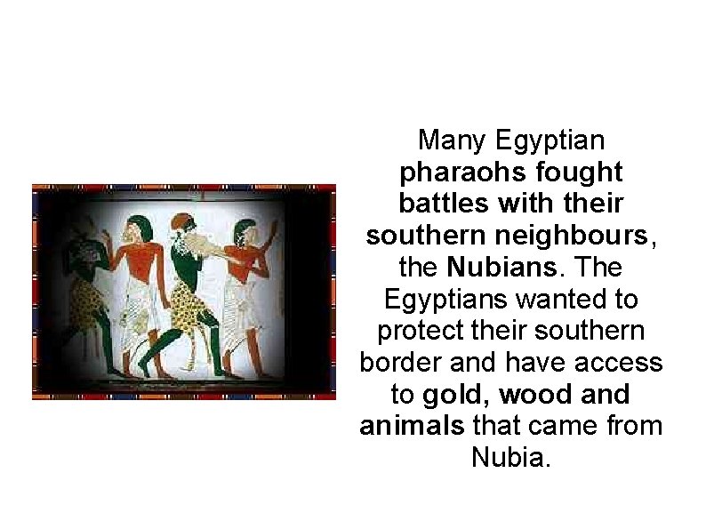 Many Egyptian pharaohs fought battles with their southern neighbours, the Nubians. The Egyptians wanted