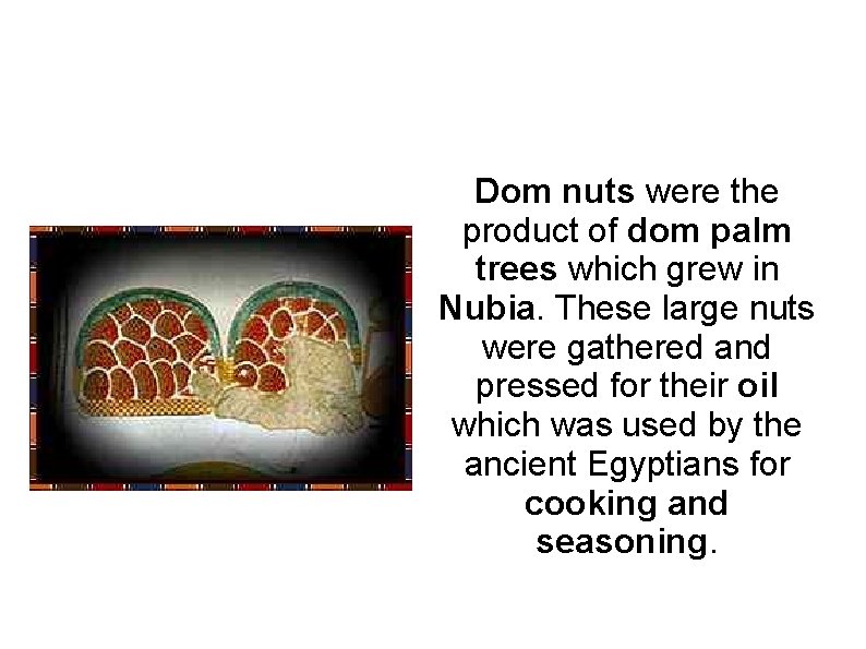 Dom nuts were the product of dom palm trees which grew in Nubia. These