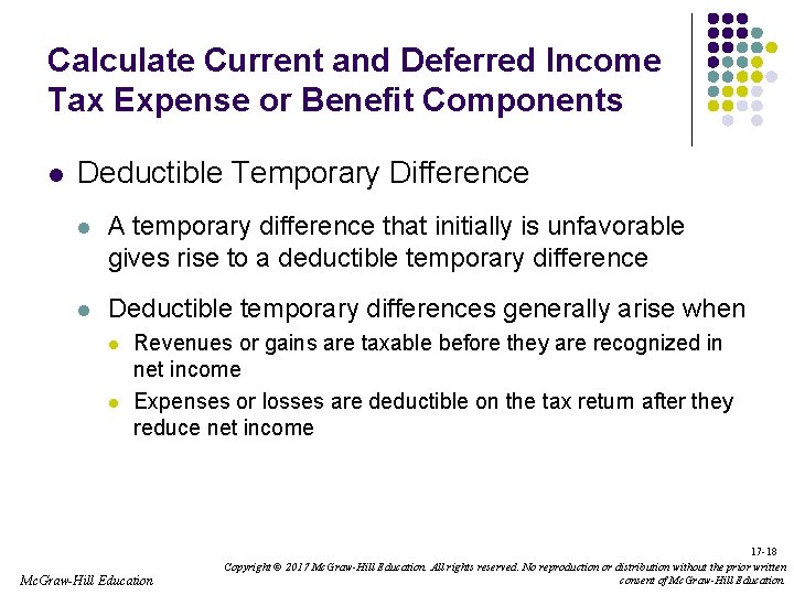 Calculate Current and Deferred Income Tax Expense or Benefit Components l Deductible Temporary Difference