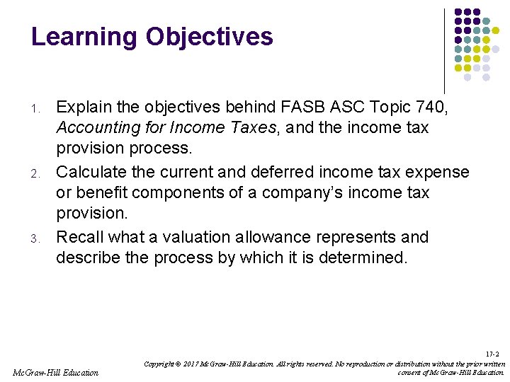 Learning Objectives 1. 2. 3. Explain the objectives behind FASB ASC Topic 740, Accounting