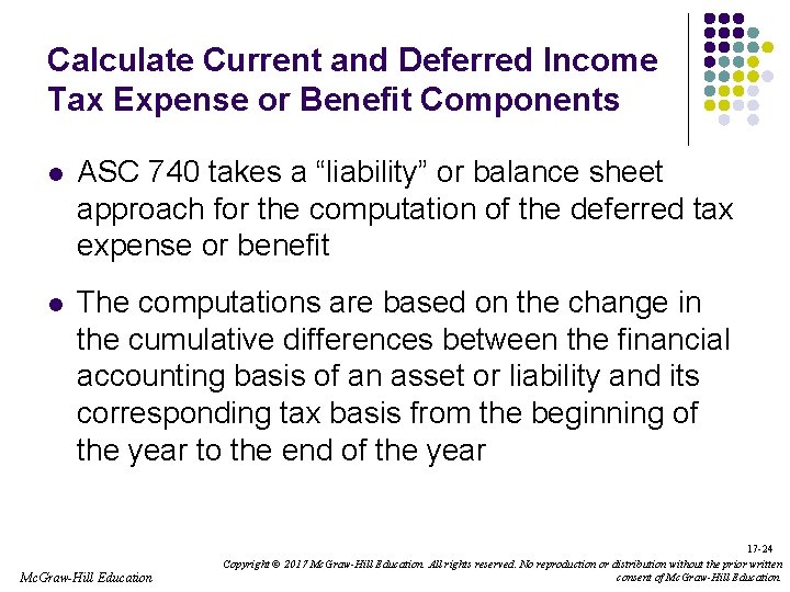 Calculate Current and Deferred Income Tax Expense or Benefit Components l ASC 740 takes