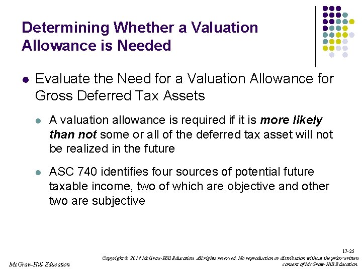 Determining Whether a Valuation Allowance is Needed l Evaluate the Need for a Valuation