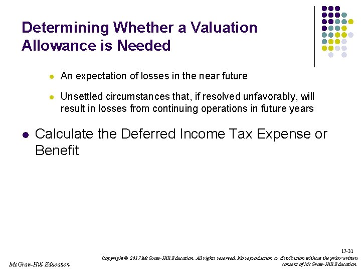 Determining Whether a Valuation Allowance is Needed l l An expectation of losses in