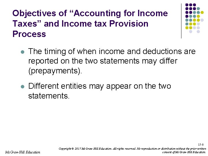 Objectives of “Accounting for Income Taxes” and Income tax Provision Process l The timing