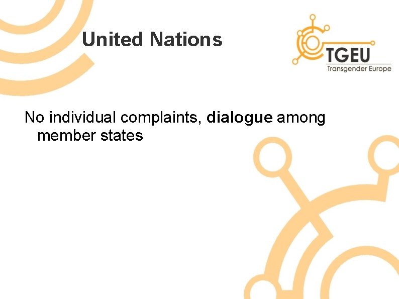 United Nations No individual complaints, dialogue among member states 