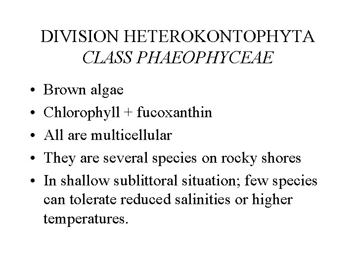 DIVISION HETEROKONTOPHYTA CLASS PHAEOPHYCEAE • • • Brown algae Chlorophyll + fucoxanthin All are