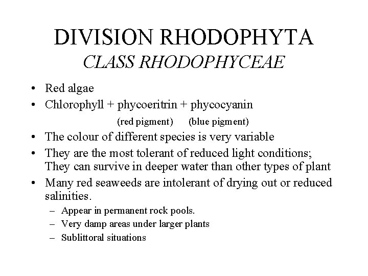 DIVISION RHODOPHYTA CLASS RHODOPHYCEAE • Red algae • Chlorophyll + phycoeritrin + phycocyanin (red