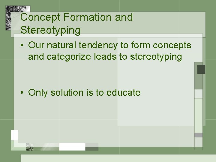 Concept Formation and Stereotyping • Our natural tendency to form concepts and categorize leads