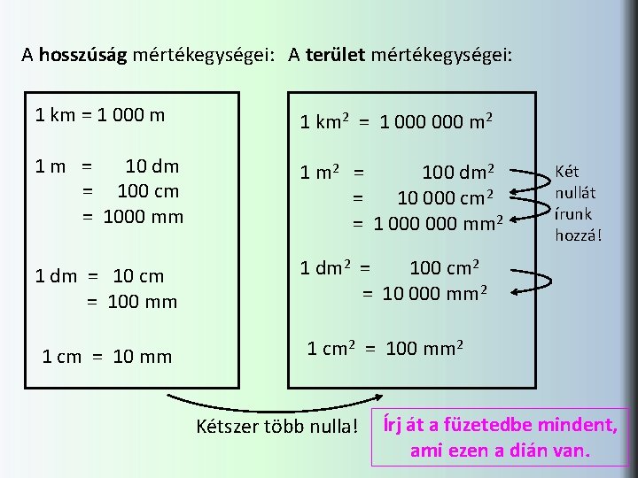 A hosszúság mértékegységei: A terület mértékegységei: 1 km = 1 000 m 1 km