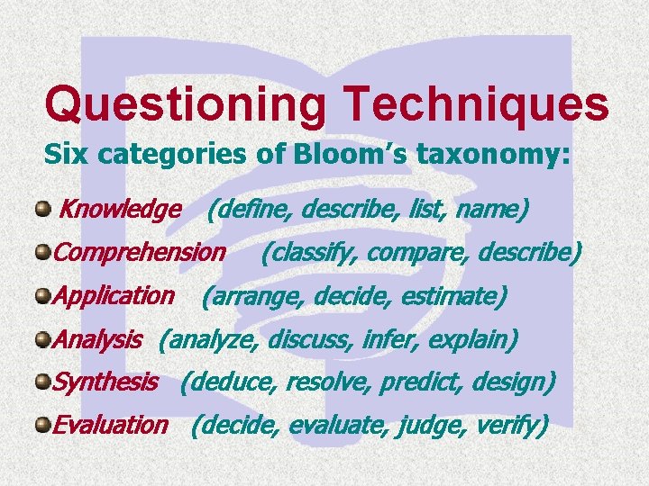 Questioning Techniques Six categories of Bloom’s taxonomy: Knowledge (define, describe, list, name) Comprehension Application