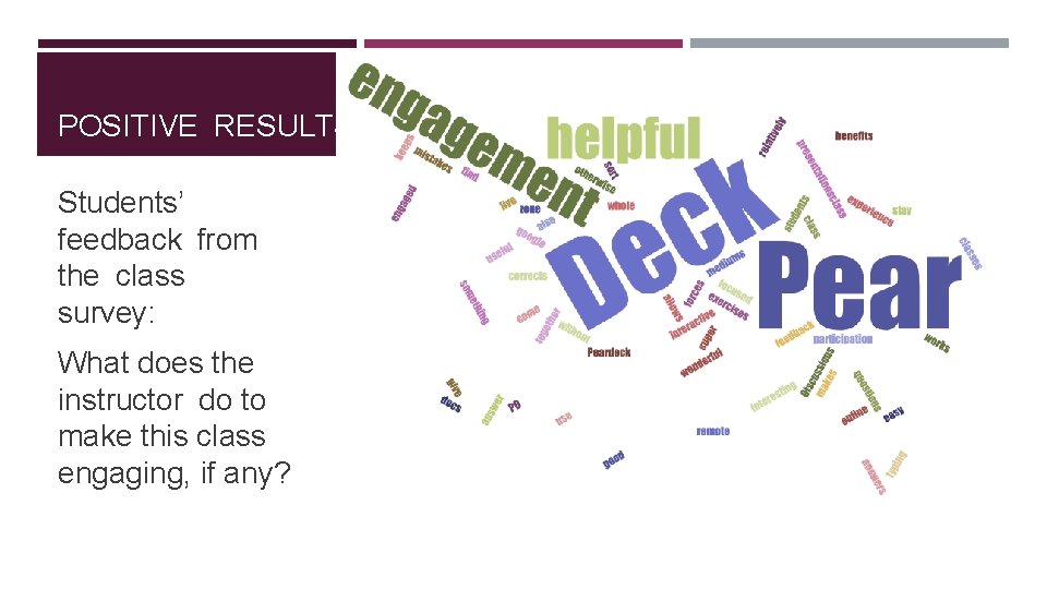 POSITIVE RESULTS Students’ feedback from the class survey: What does the instructor do to