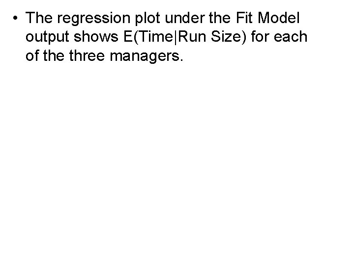  • The regression plot under the Fit Model output shows E(Time|Run Size) for