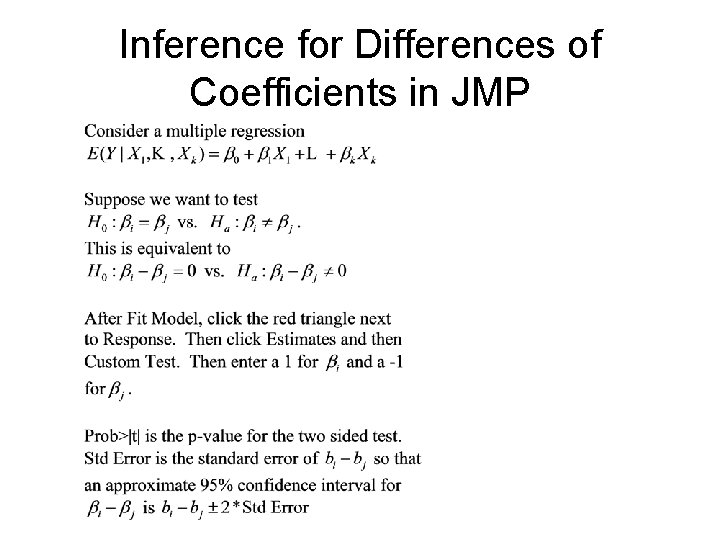 Inference for Differences of Coefficients in JMP 