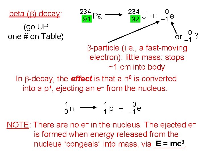 234 91 Pa beta (b) decay: (go UP one # on Table) 234 0